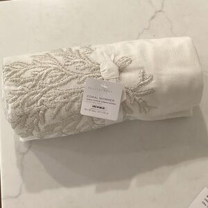 Pottery Barn White Table Runner with Metallic Coral Embroidery